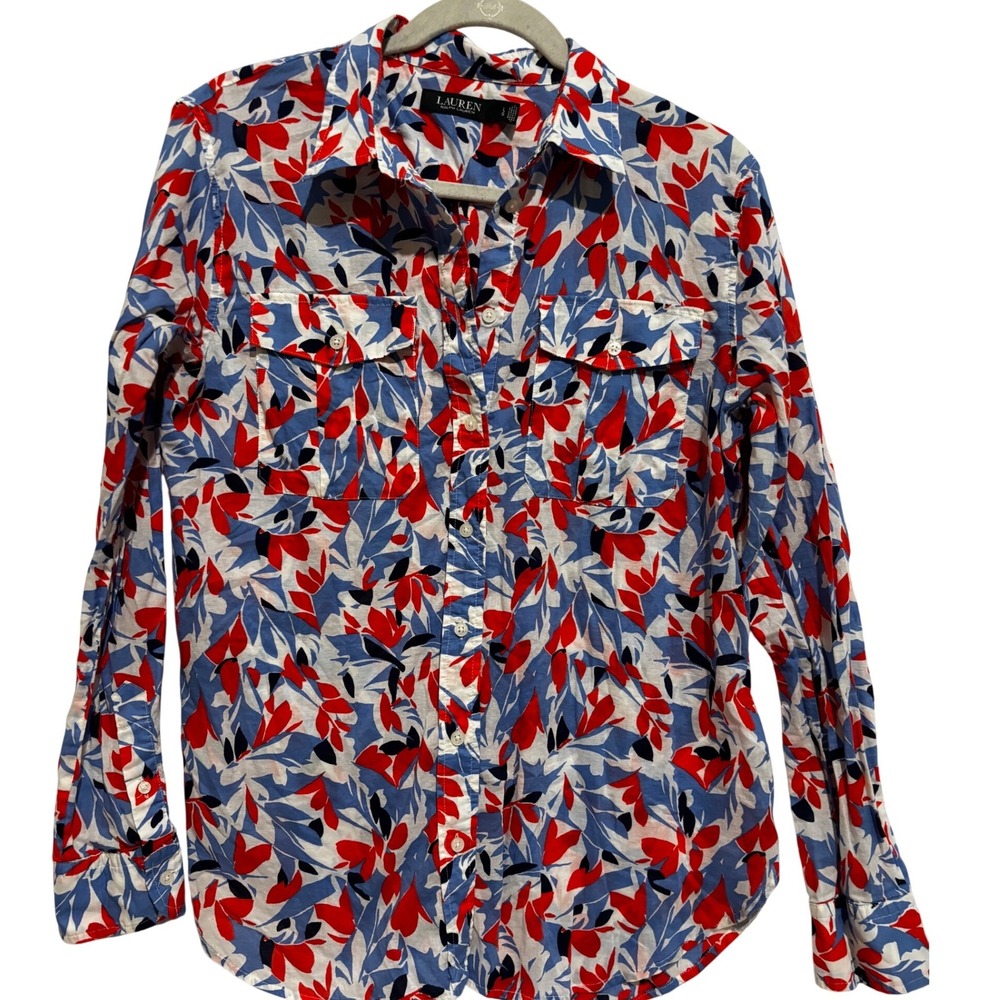 Lauren Ralph Lauren Floral Cotton Button Down Shirt Womens sz L maximalism boho